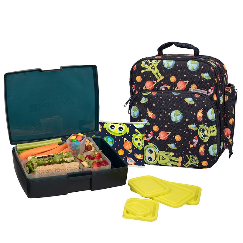 Bentology Lunch Bag and Box Set for Boys, 9 Pieces Total - Kids Insulated Lunchbox Tote, Bento Box, 5 Containers and Ice Pack - Alien - Image 1